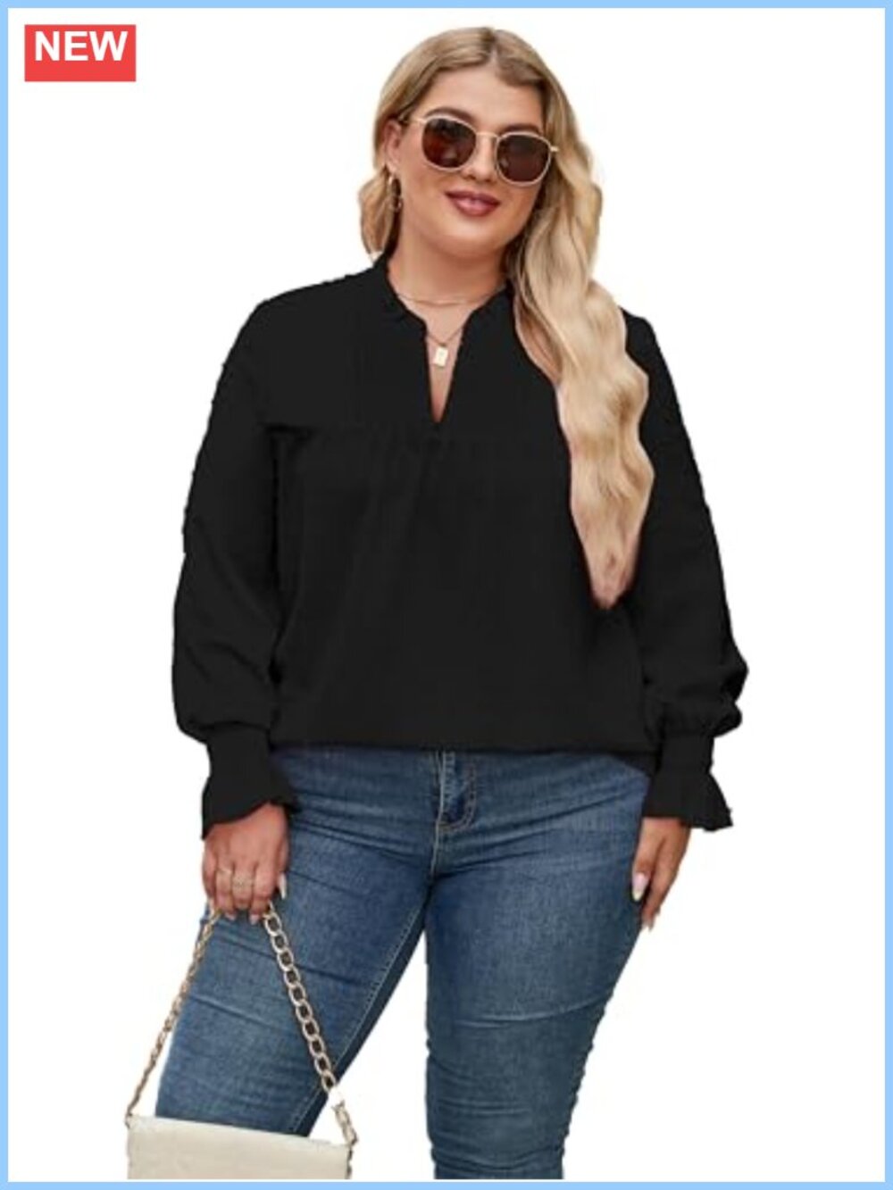 Plus Size Swiss Dot Blouse Lace Trim Ruffle Cuffs Long Sleeve V-Neck
